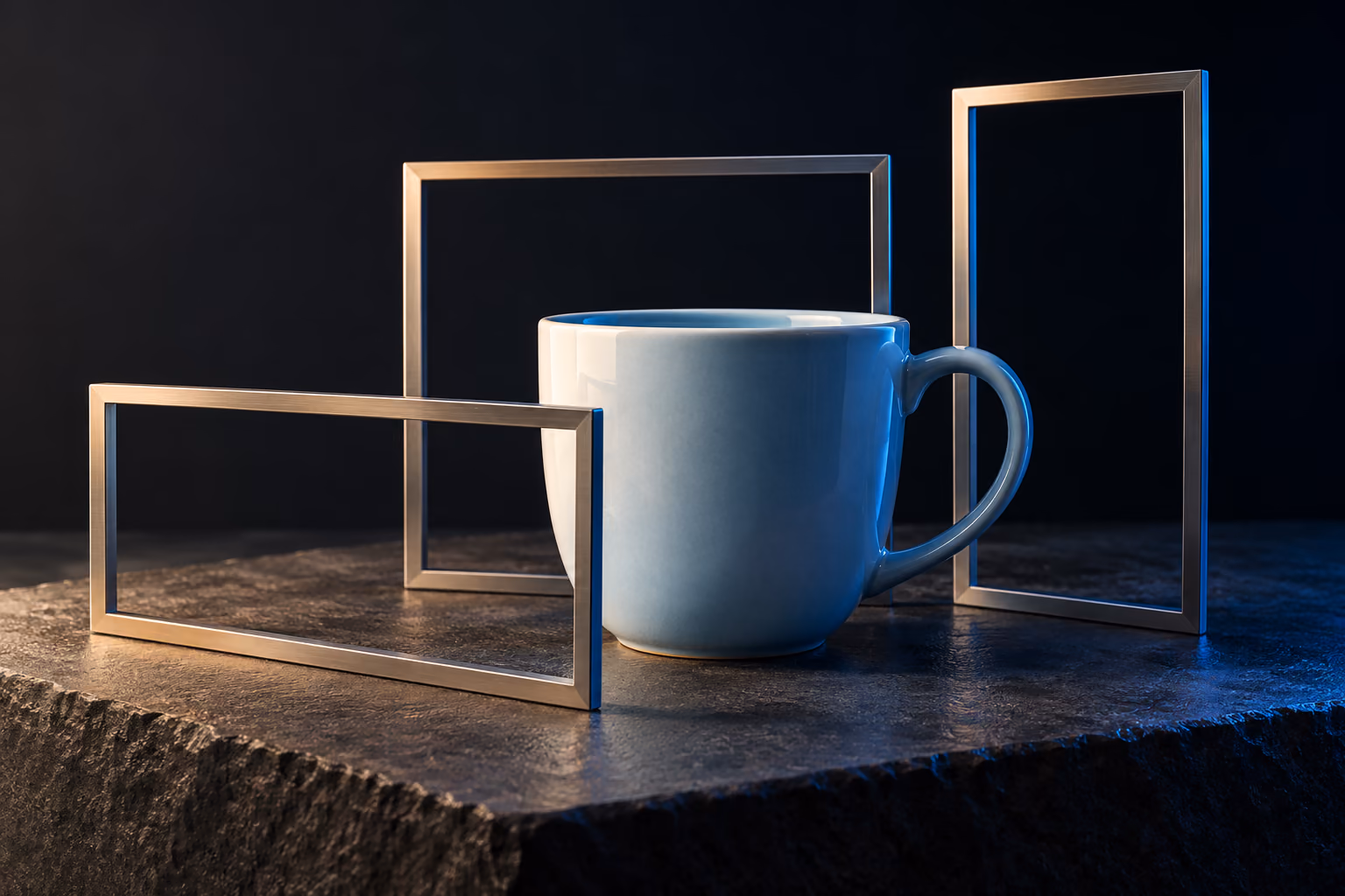 A pale-blue ceramic cup surrounded by metal frames in different campaign formats.