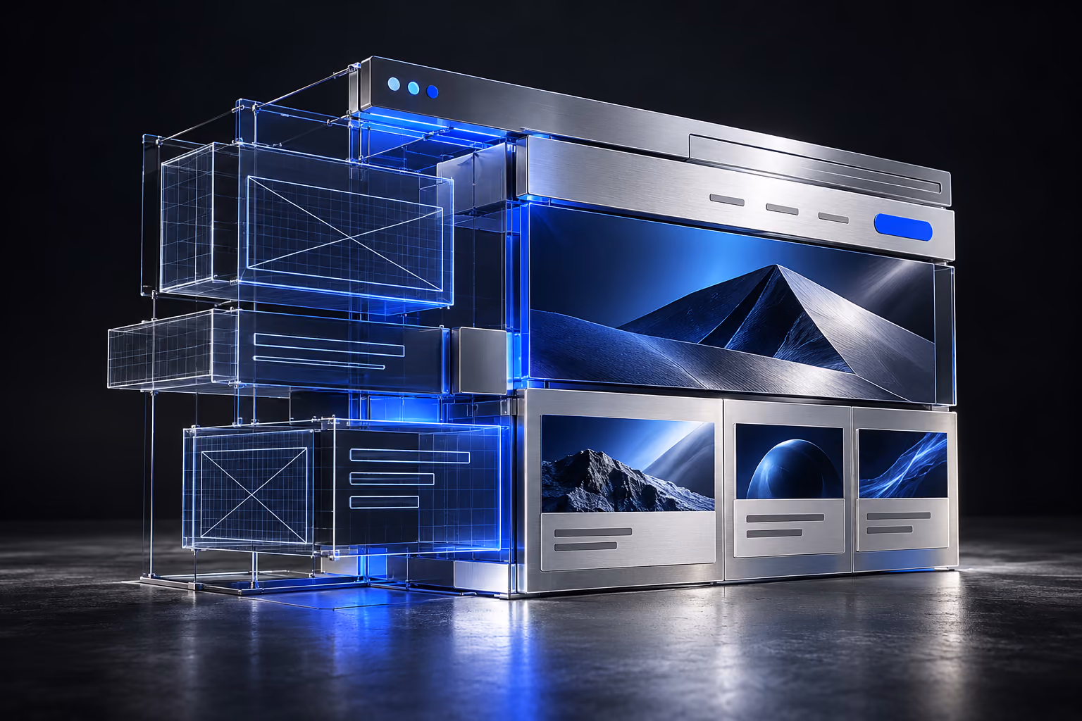 An architectural browser structure taking shape from glass wireframes and brushed-metal panels.