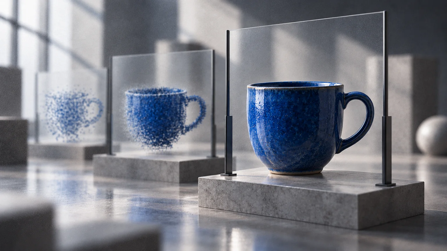 Three glass panels show a blue cup progressing from a fragmented silhouette to a fully resolved ceramic form.