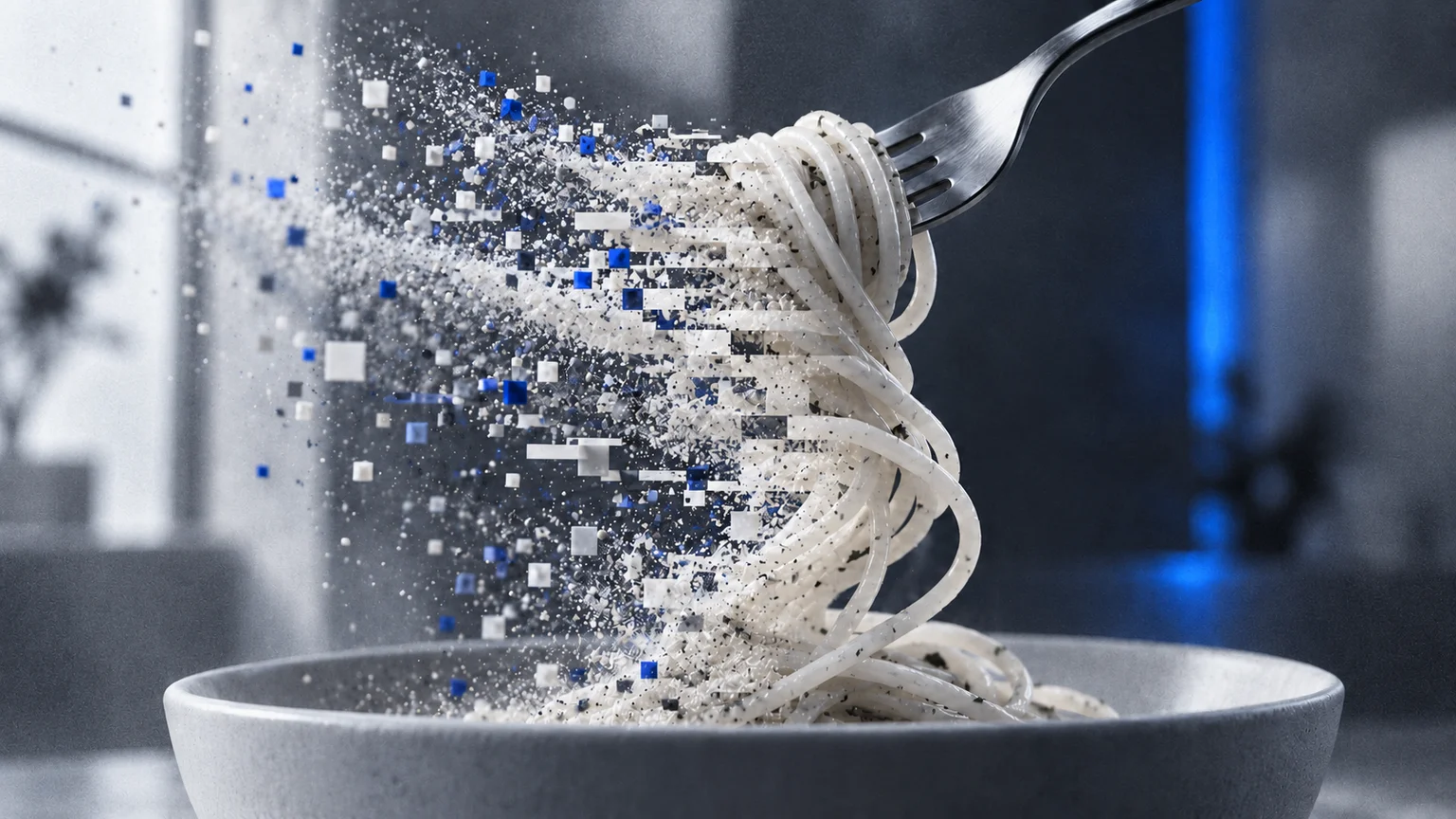 Close-up of a fork lifting spaghetti, with one side breaking into digital pixels and grain.
