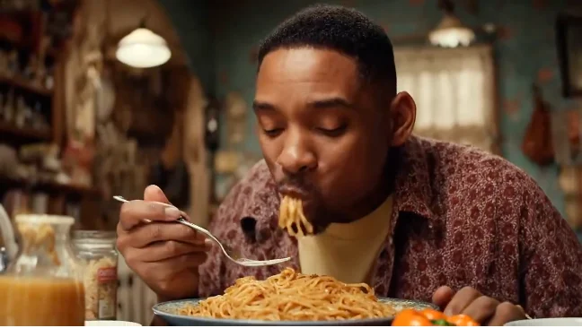 Preview still from the 2025 Veo 3 synthetic Will Smith spaghetti clip in a restaurant setting.