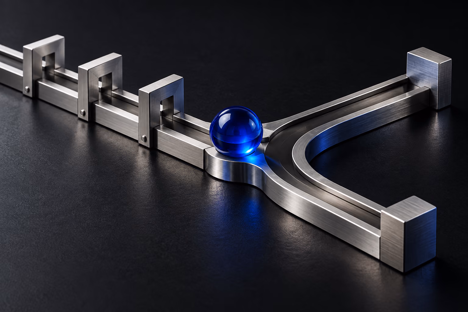 A cobalt-blue glass sphere at a junction in a machined-metal branching rail.